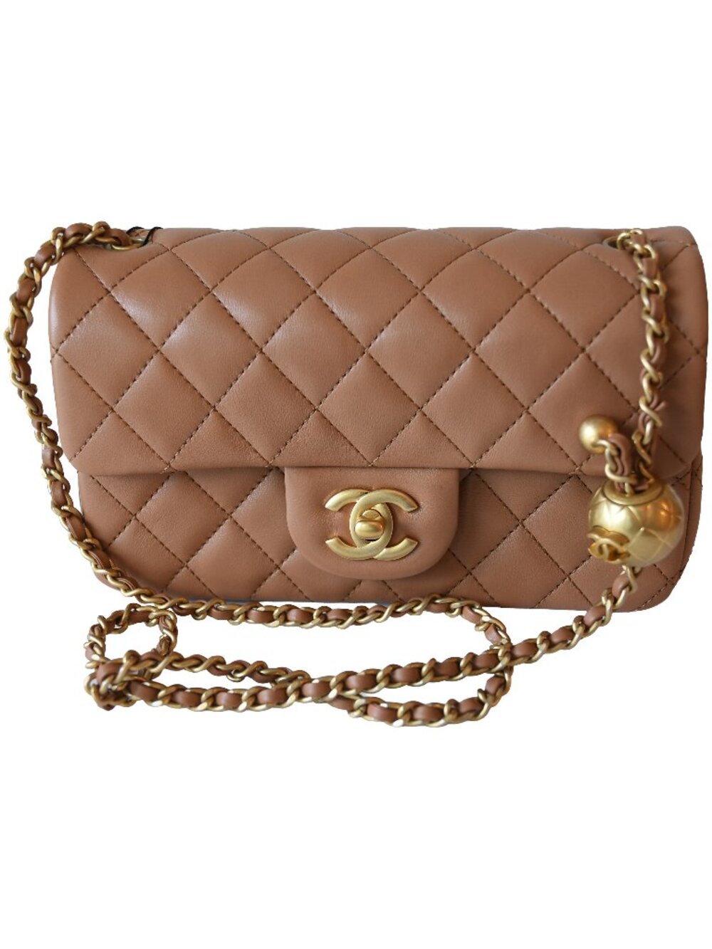 Chanel Lambskin Quilted Mini CC Pearl Crush Rectangular Flap Bag Caramel